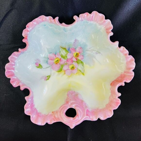 Vintage Hand Painted Floral Ruffled Scalloped Candy Mussel Dish Bowl Lilla Belle